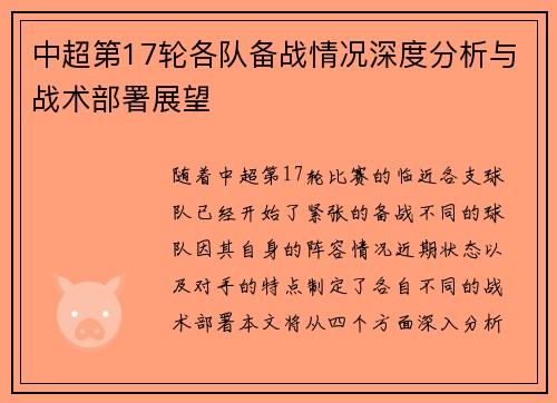 中超第17轮各队备战情况深度分析与战术部署展望