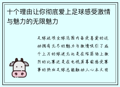 十个理由让你彻底爱上足球感受激情与魅力的无限魅力
